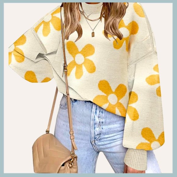 Etcyy Sweaters - Flower Batwing Long Sleeve Side Slit Oversized Sweater, Yellow Flower Sweater